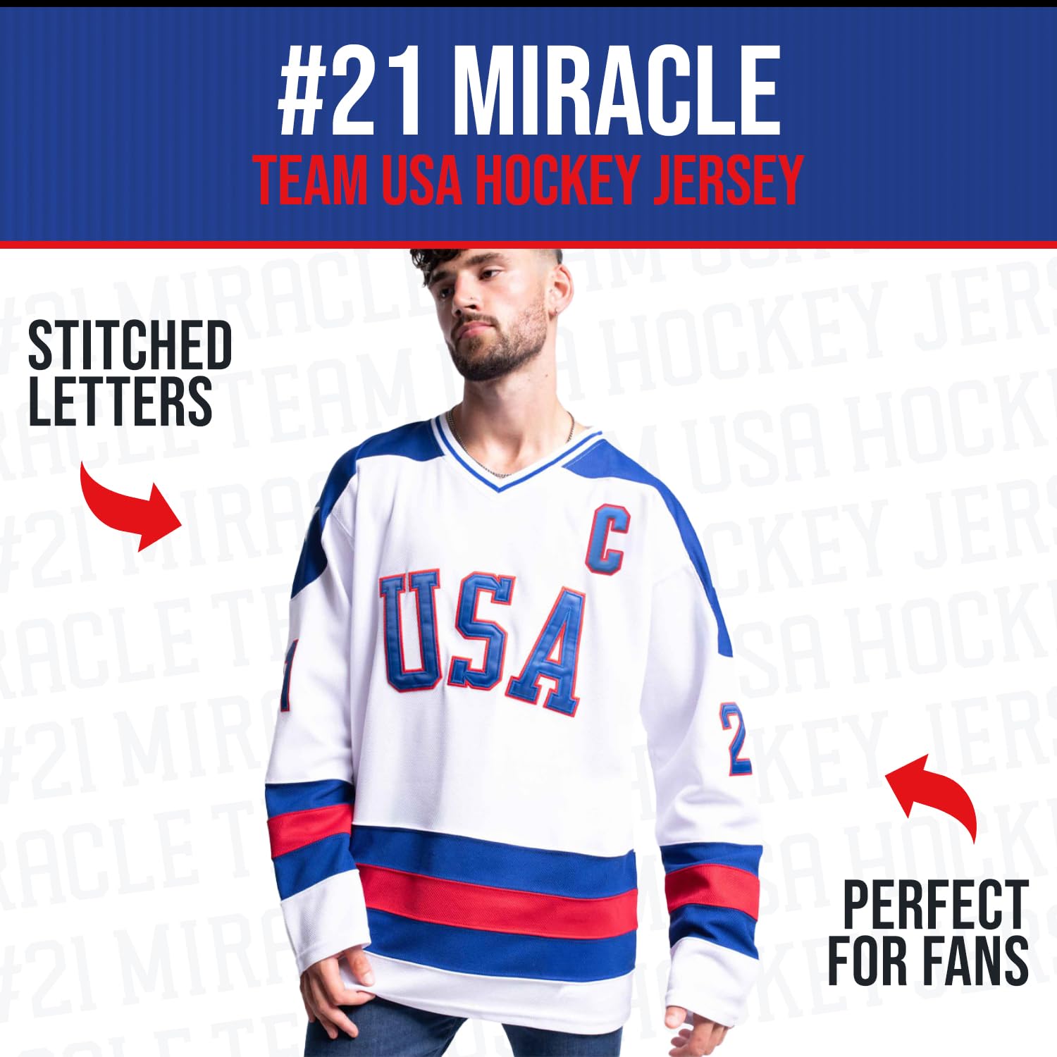 1980 USA Olympic Hockey Jersey #21 – Stitched Letters, Adult Sizes S–5XL