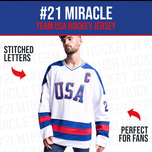 1980 USA Olympic Hockey Jersey #21 – Stitched Letters, Adult Sizes S–5XL