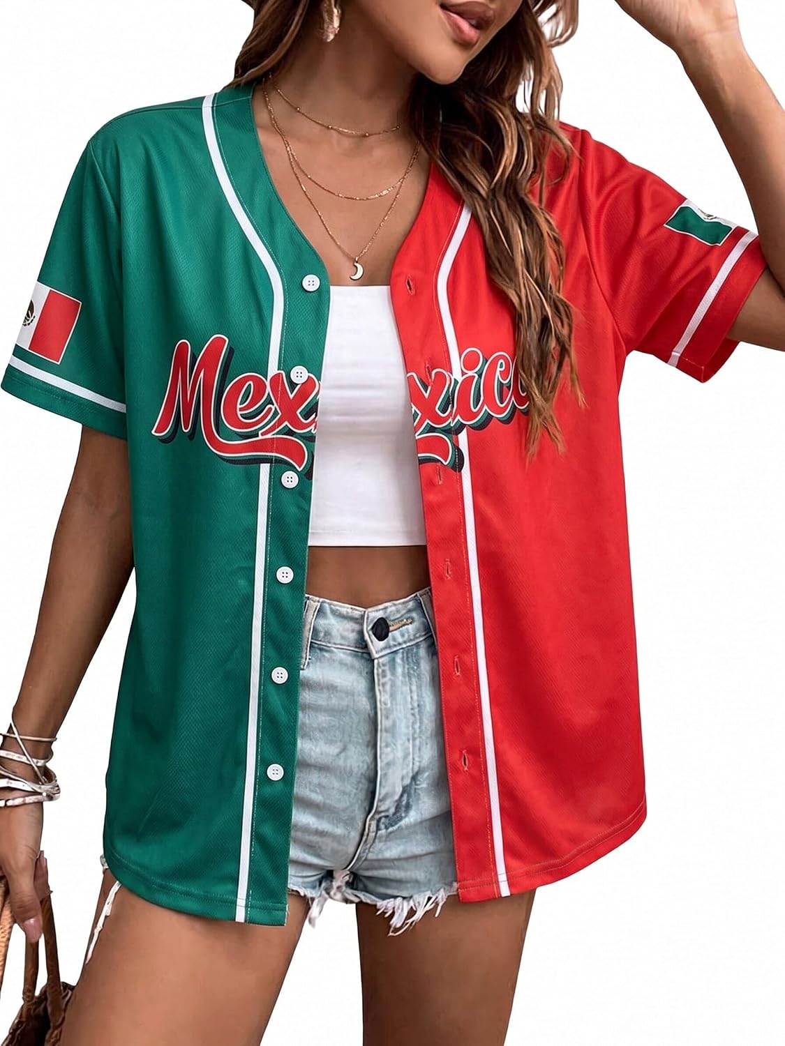 Mexico Soccer Jersey for Women - Mexican Flag Graphic Tee, Short Sleeve Button Down Top