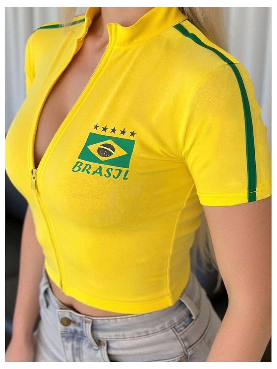 Women's Brazil Soccer Jersey Zip Up Crop Top Short Sleeve Summer Tee
