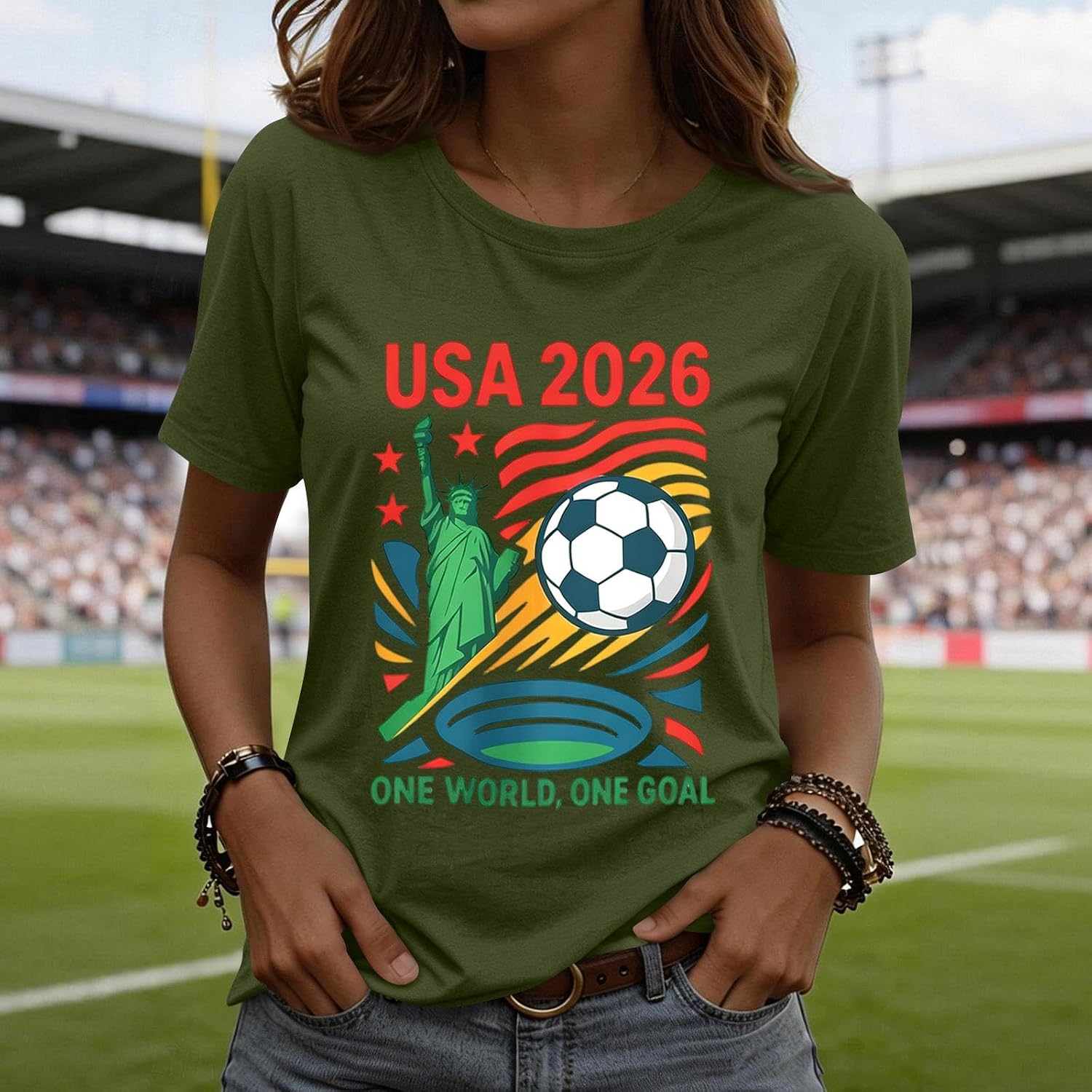 Women's Soccer Cup T-Shirt, Crew Neck, Short Sleeve, Printed Top