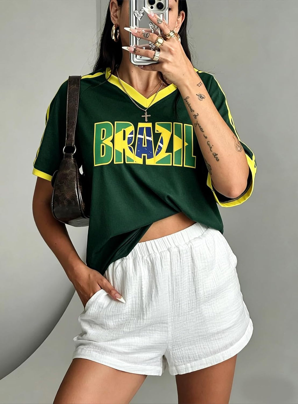 Brazil Soccer Jersey Y2K V-Neck Short Sleeve Tee for Women