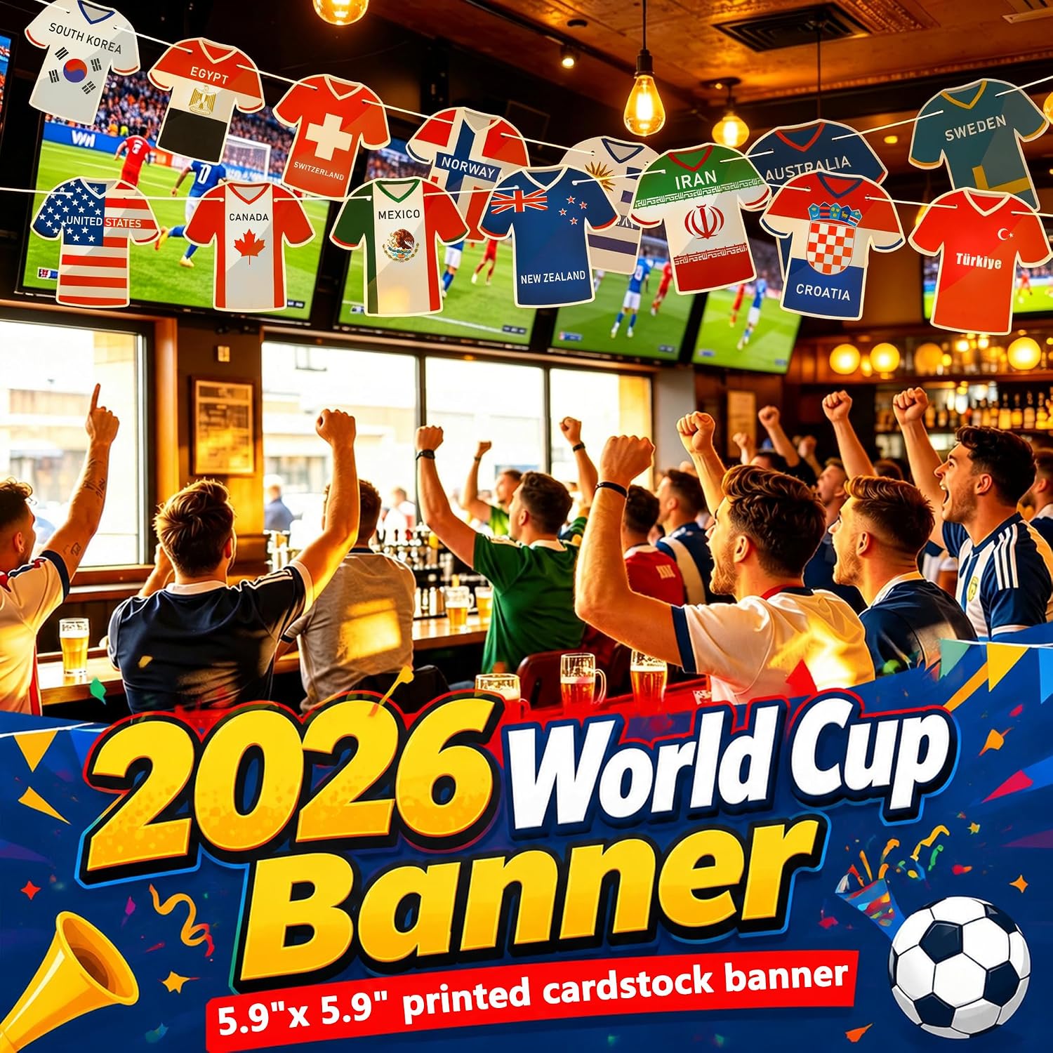 World Cup Soccer Jersey Flag Banner, 48 Country Flags for Party Decor