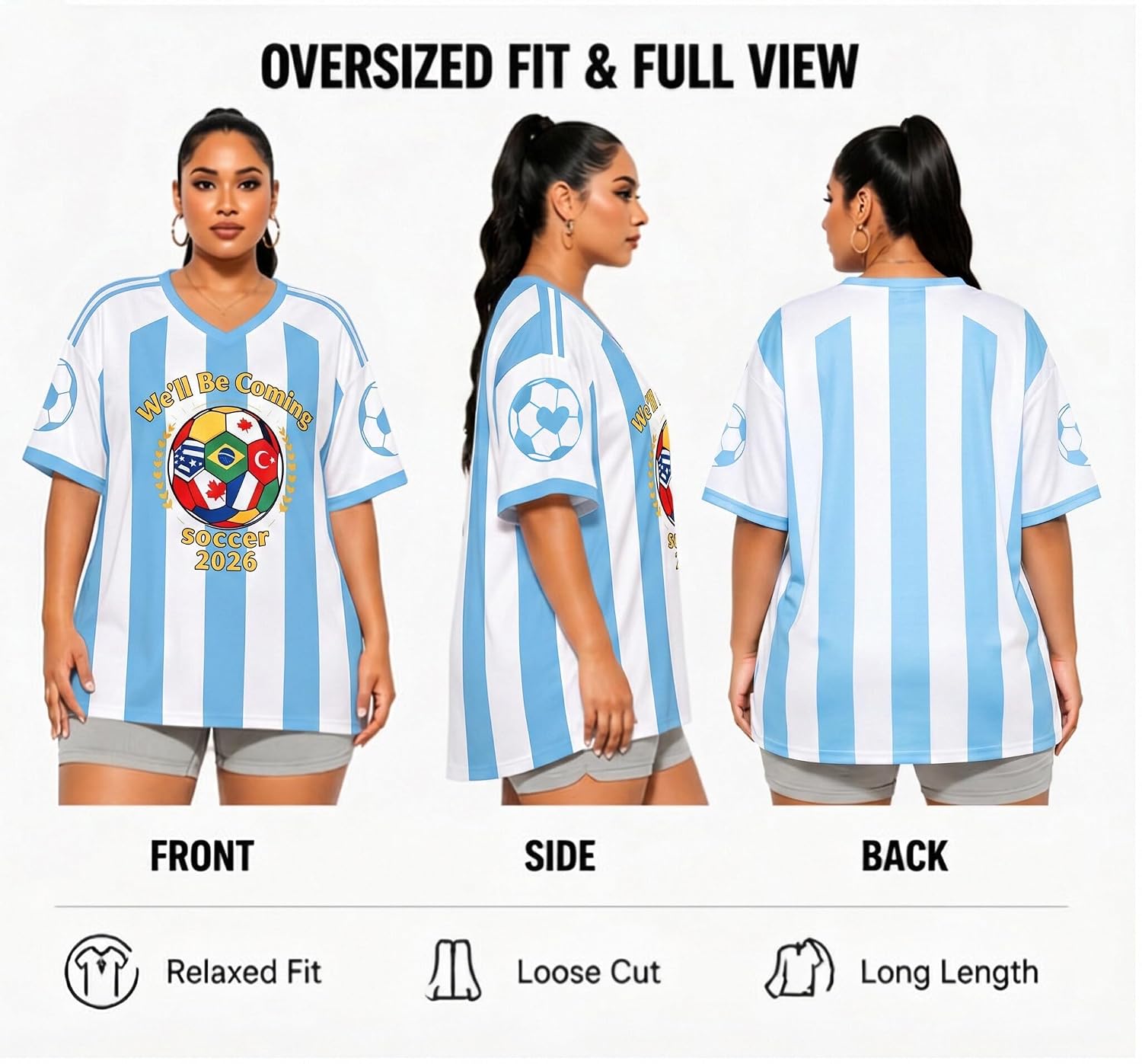 Plus Size Women Soccer Jersey Oversized V-Neck Tee