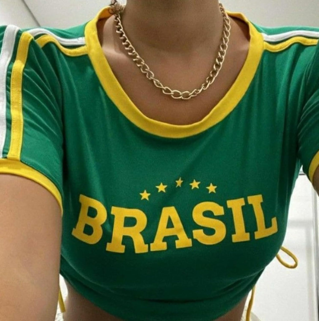 Brazil Flag Embroidered Crop Top for Women Slim Fit Soccer Jersey