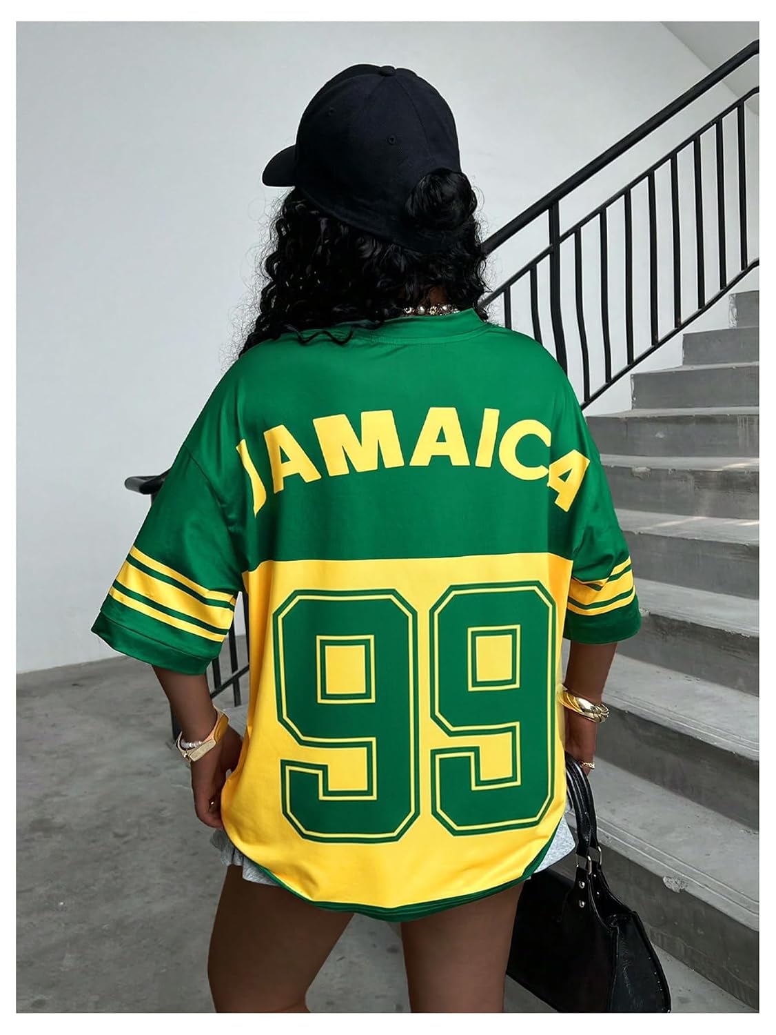 Women's Y2K Jamaica Soccer Jersey Graphic Tee V-Neck Half Sleeve Oversized Summer Top