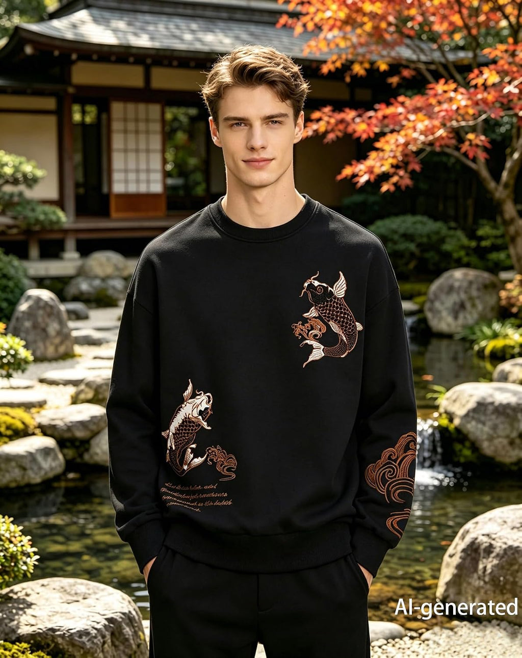 Japanese Streetwear Men's Embroidered Graphic Crewneck Sweatshirt