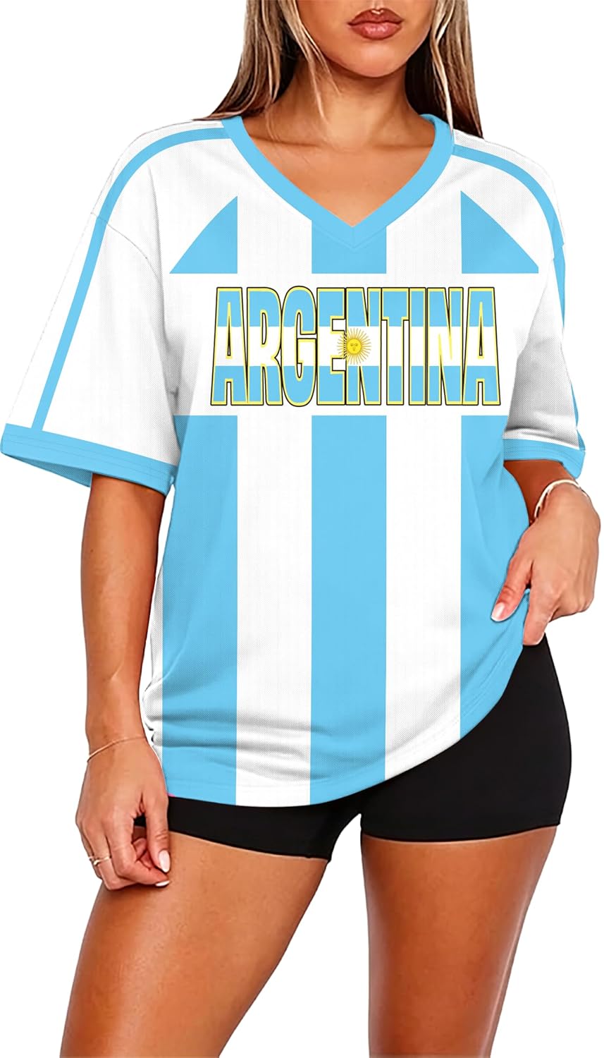 Oversized Mexico Brazil Soccer Jersey, V-Neck Y2K Fan Top