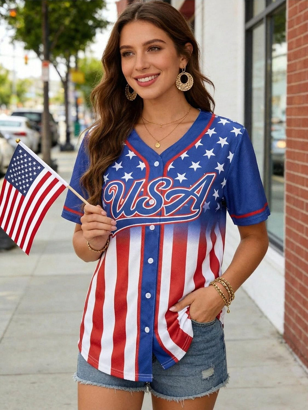 Women's USA Soccer Jersey - Patriotic 4th of July Button Down Shirt