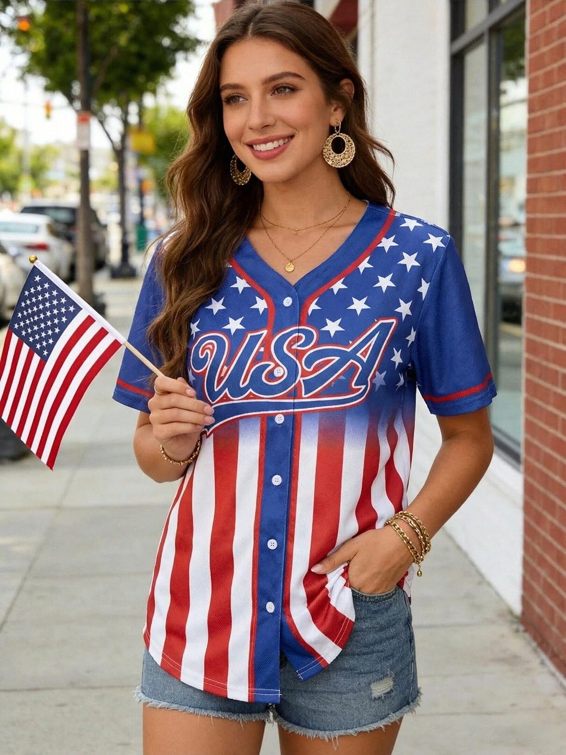 Women's USA Soccer Jersey - Patriotic 4th of July Button Down Shirt