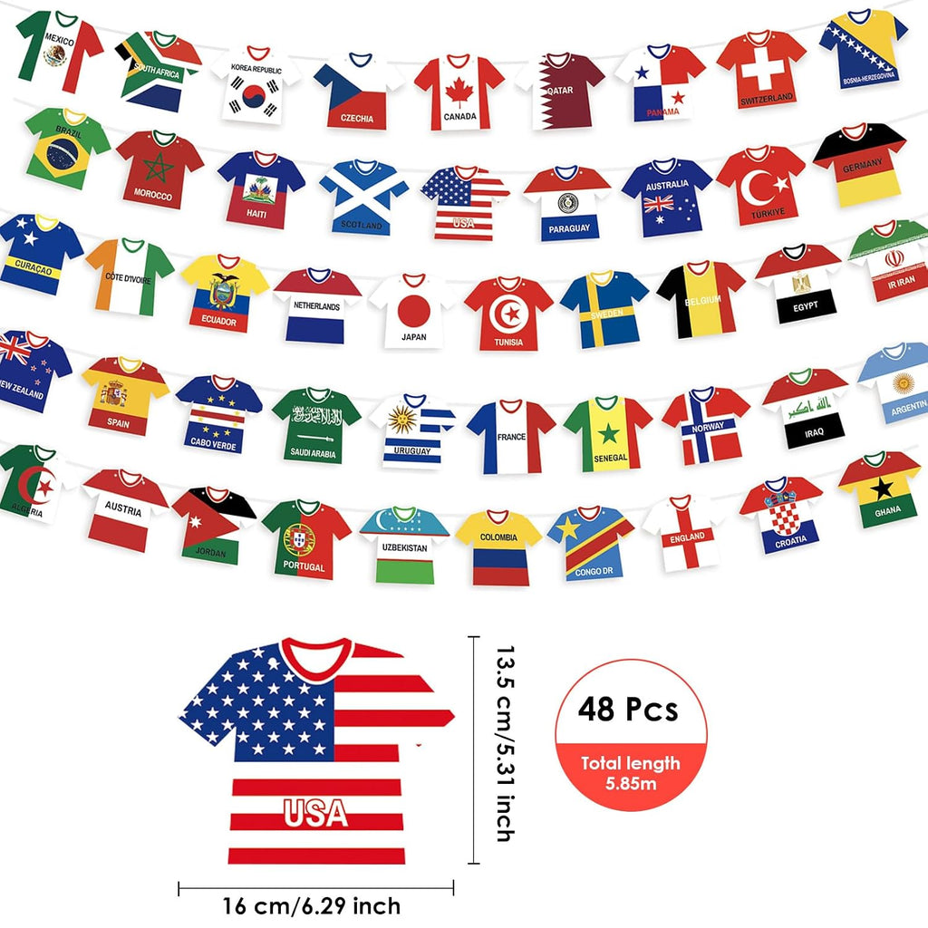 World Soccer Banner Jersey Flags - 48 Teams Double Sided, Pre-tied Cloth Decor