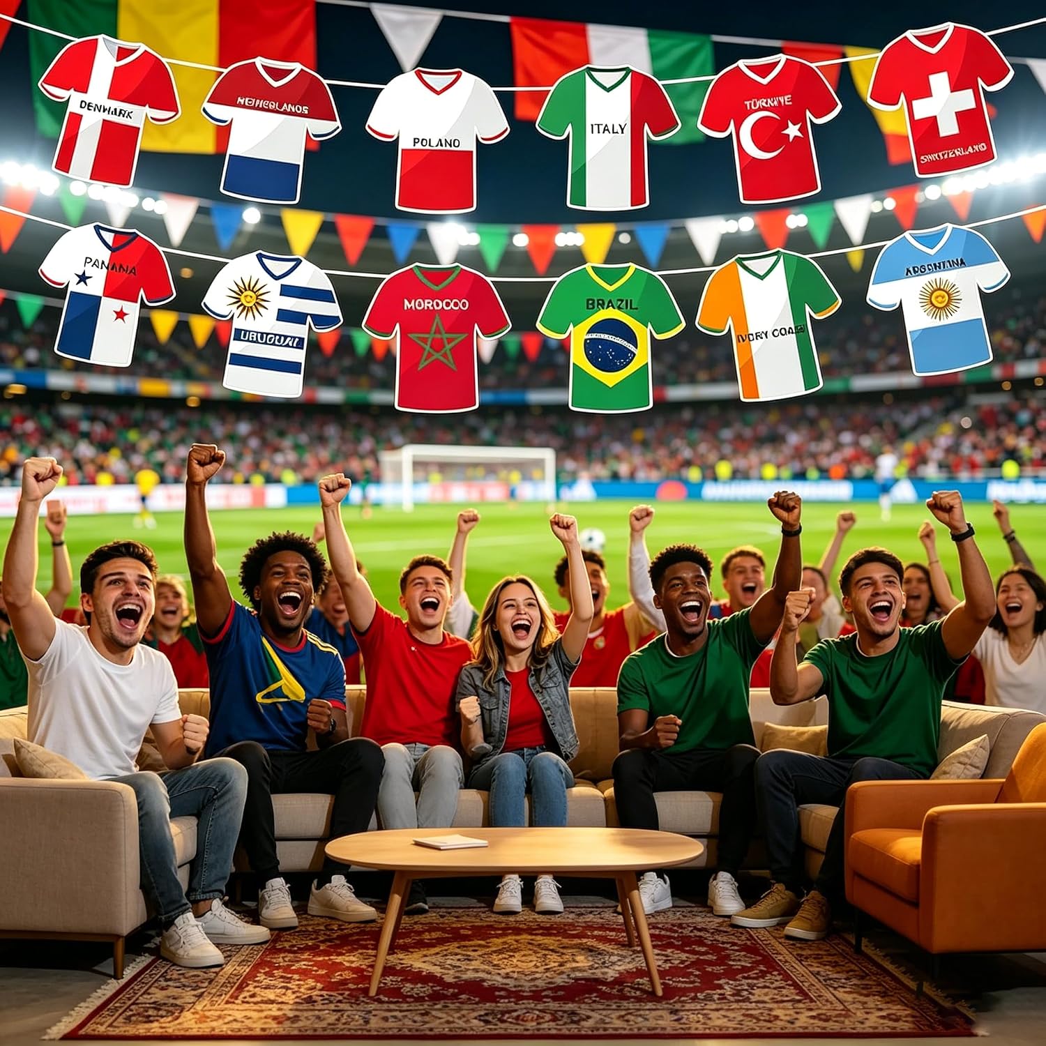 Soccer Jersey Cloth String Flags - 48 Country Bunting Banner for Sports Parties