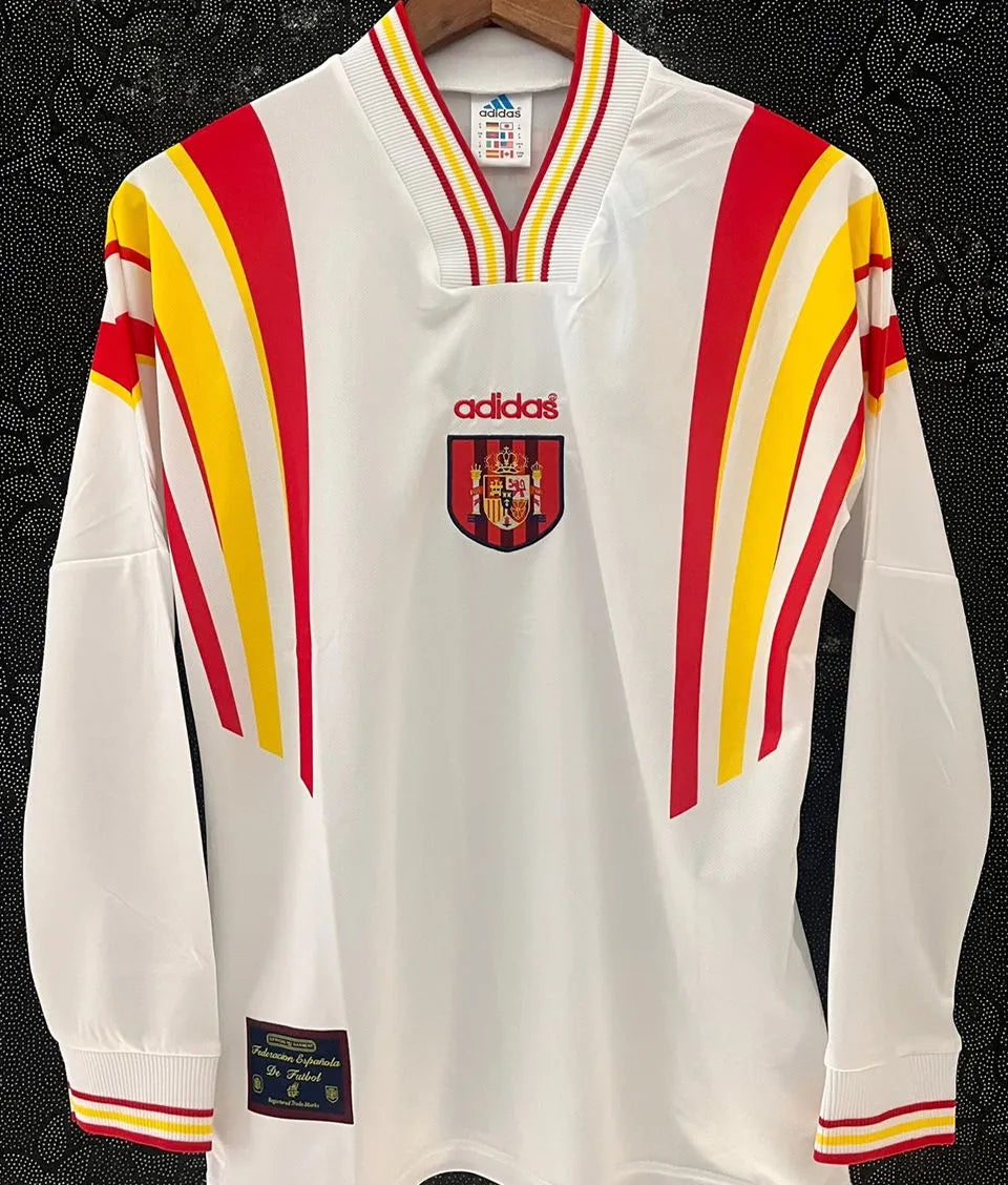 1996 Spain Away White Retro Long Sleeve Soccer Jersey Front