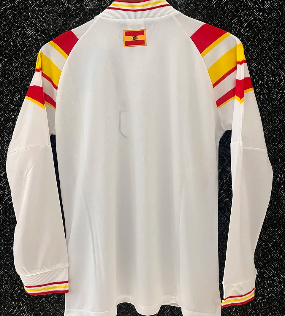 1996 Spain Away White Retro Long Sleeve Soccer Jersey Back