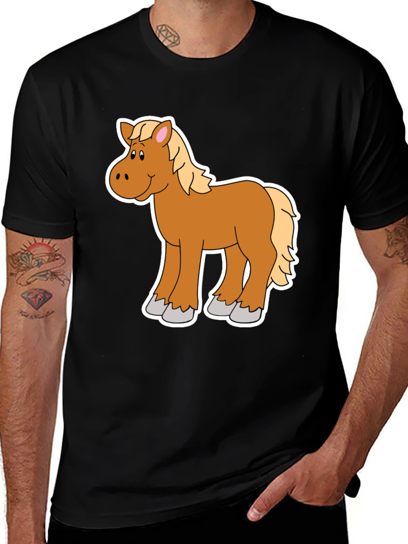 Cartoon Horse Graphic Tee - Black Unisex Shirt