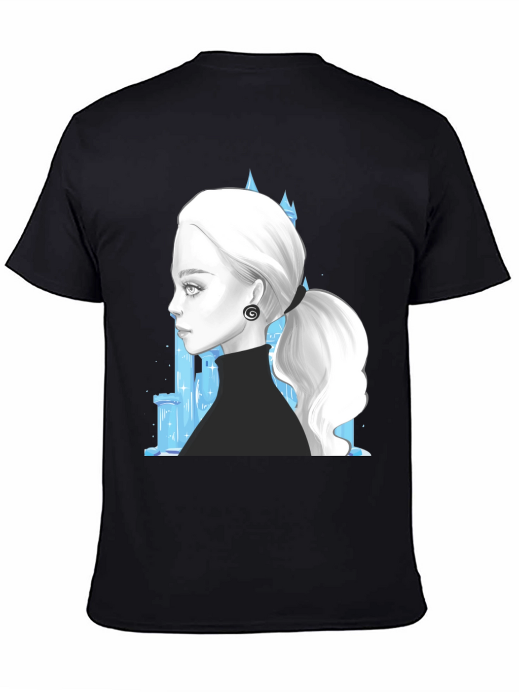 Elegant Woman & Ice Castle Graphic Black T-Shirt