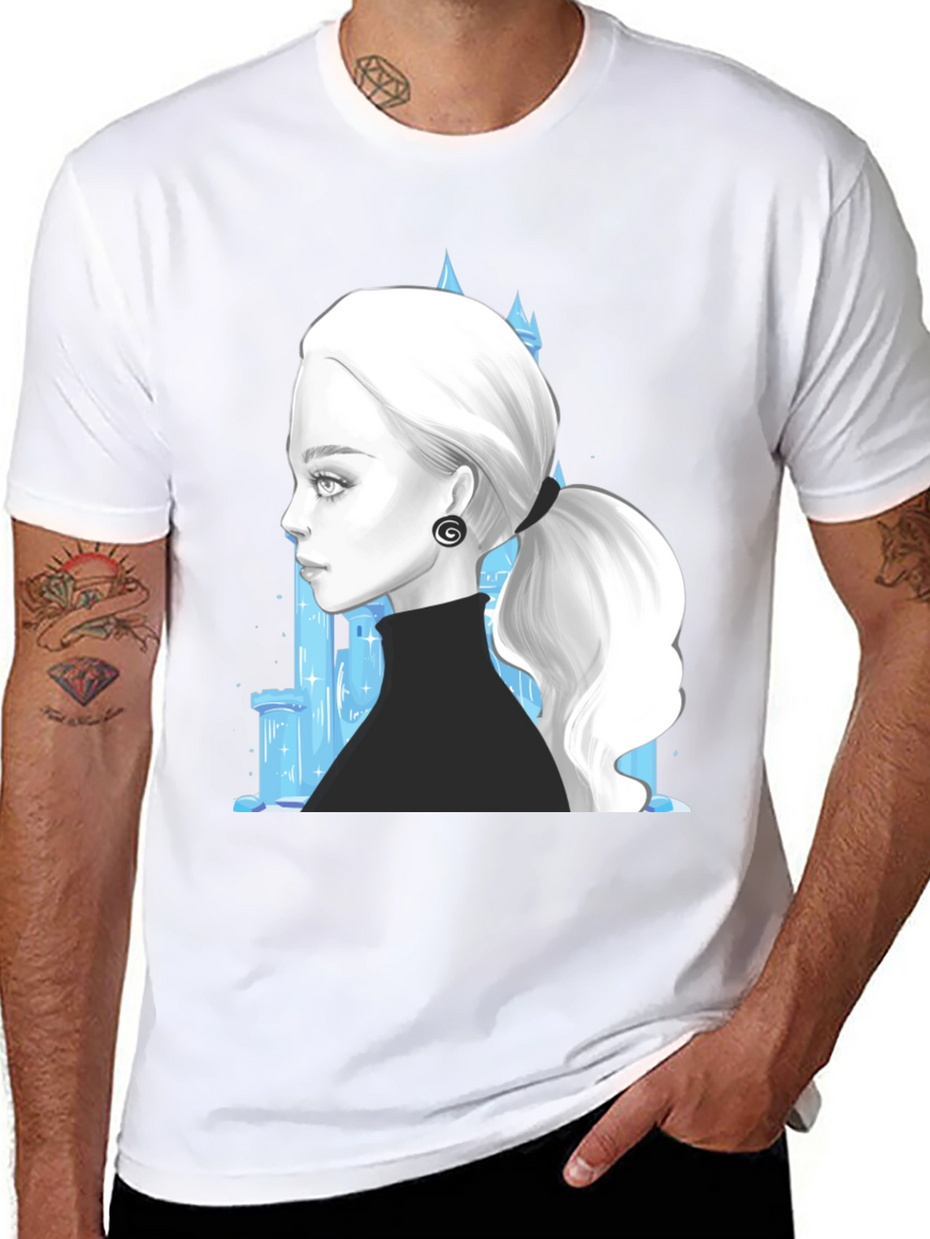 Elegant Woman & Ice Castle Graphic Black T-Shirt