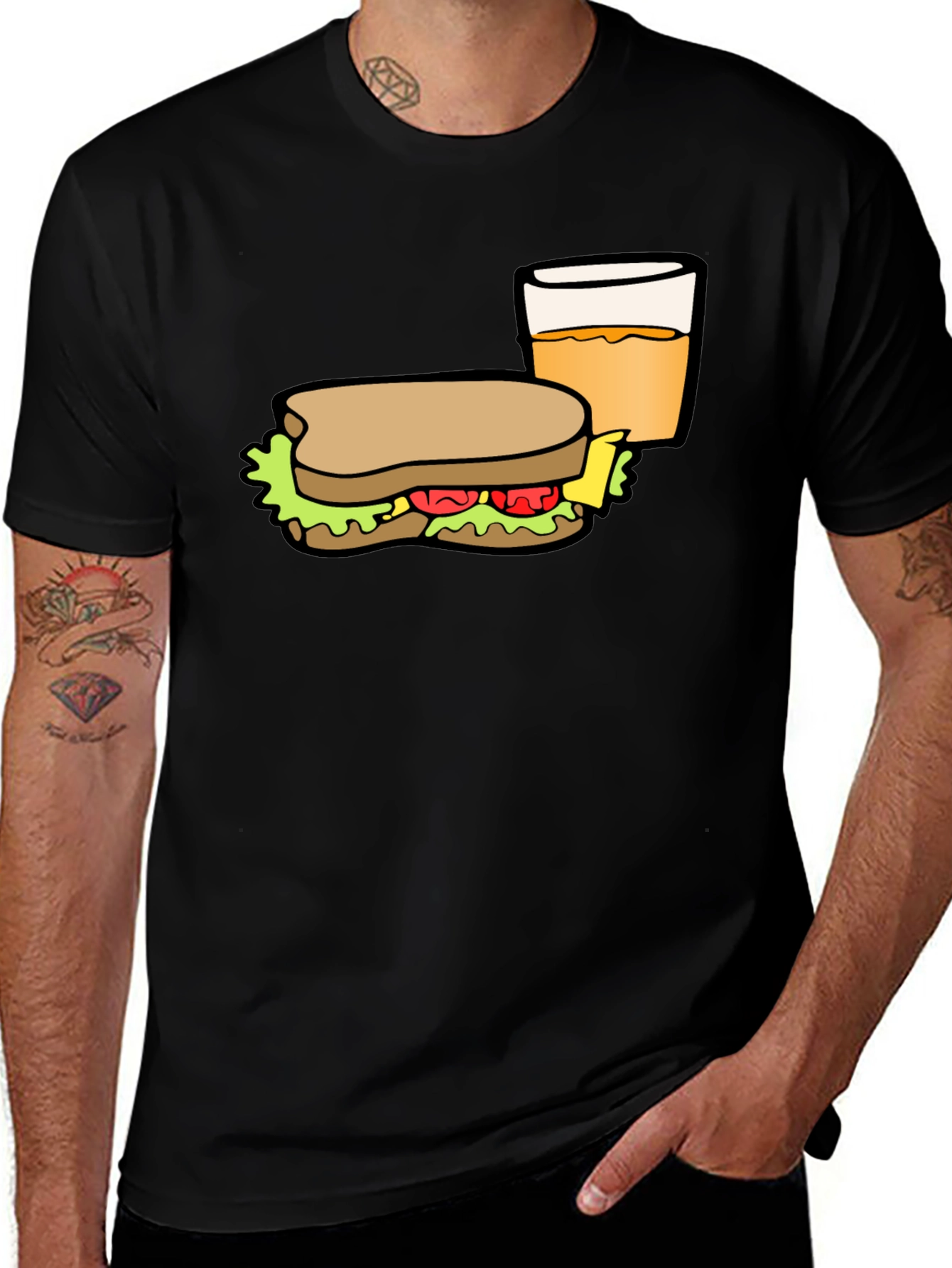 Sandwich & Drink Graphic T-Shirt - Black Cotton Tee