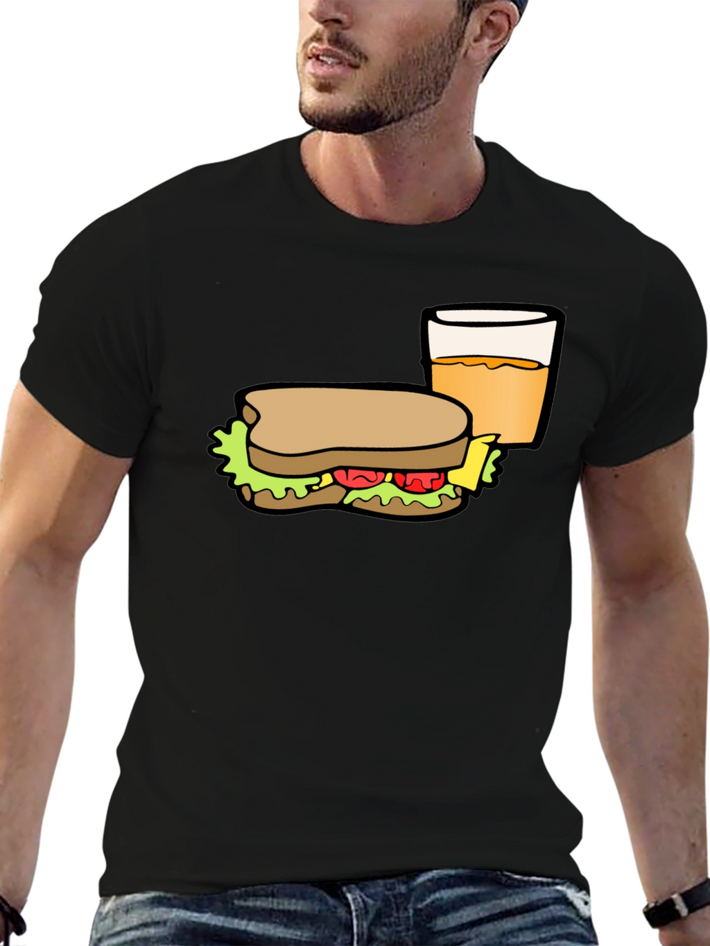 Sandwich & Drink Graphic T-Shirt - Black Cotton Tee