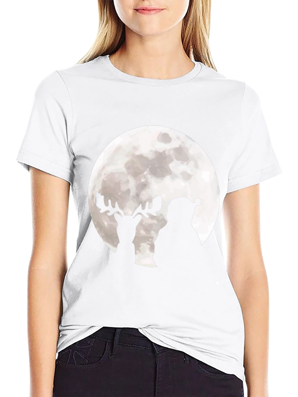 Santa & Reindeer Moon Graphic Black T-Shirt