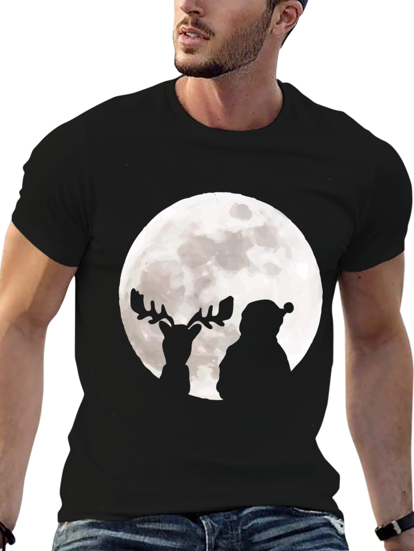 Santa & Reindeer Moon Graphic Black T-Shirt