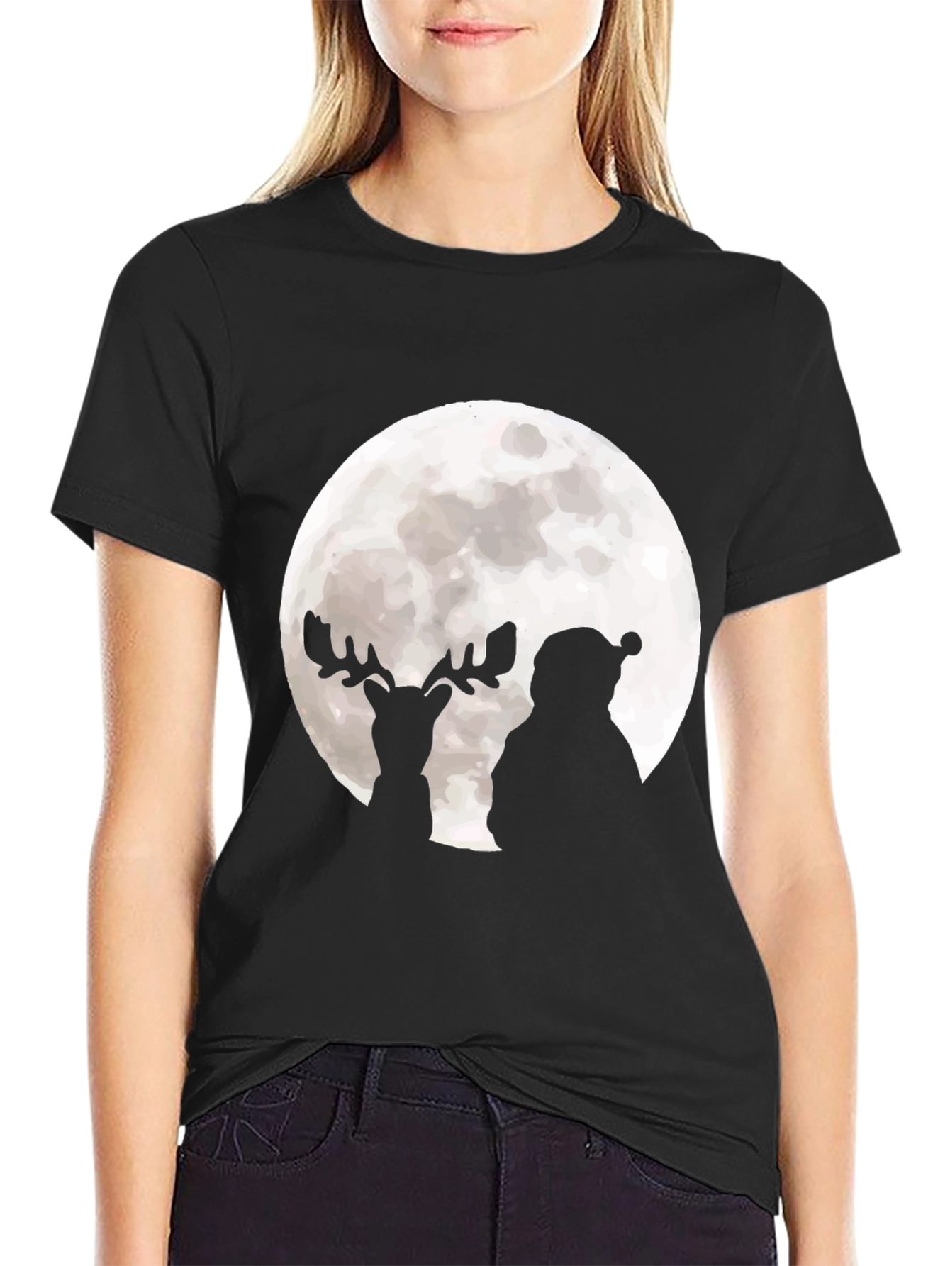 Santa & Reindeer Moon Graphic Black T-Shirt