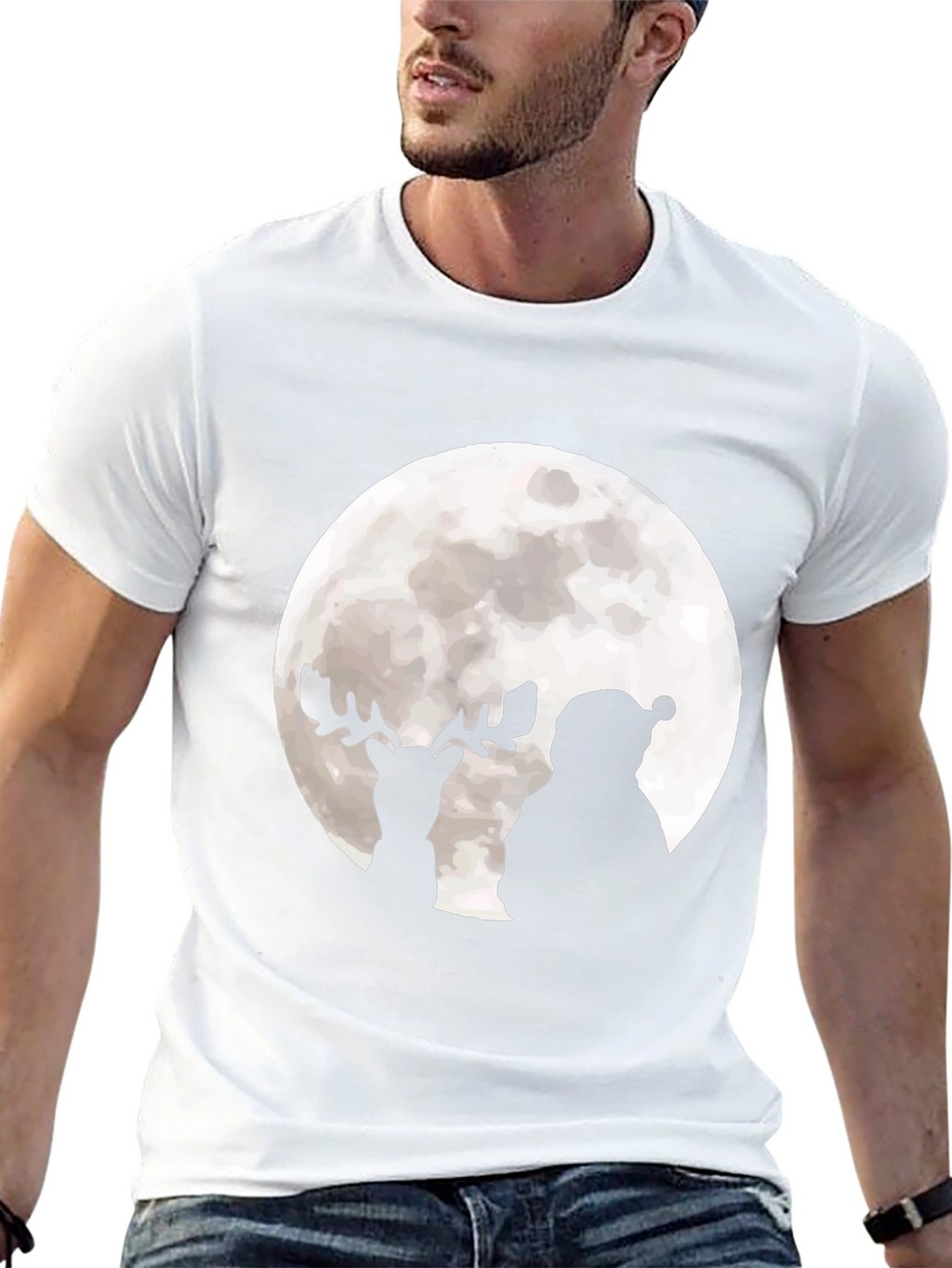 Santa & Reindeer Moon Graphic Black T-Shirt
