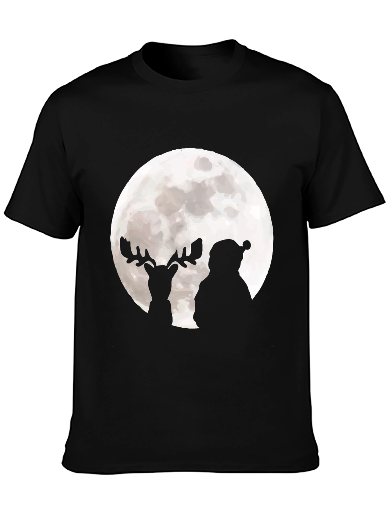 Santa & Reindeer Moon Graphic Black T-Shirt