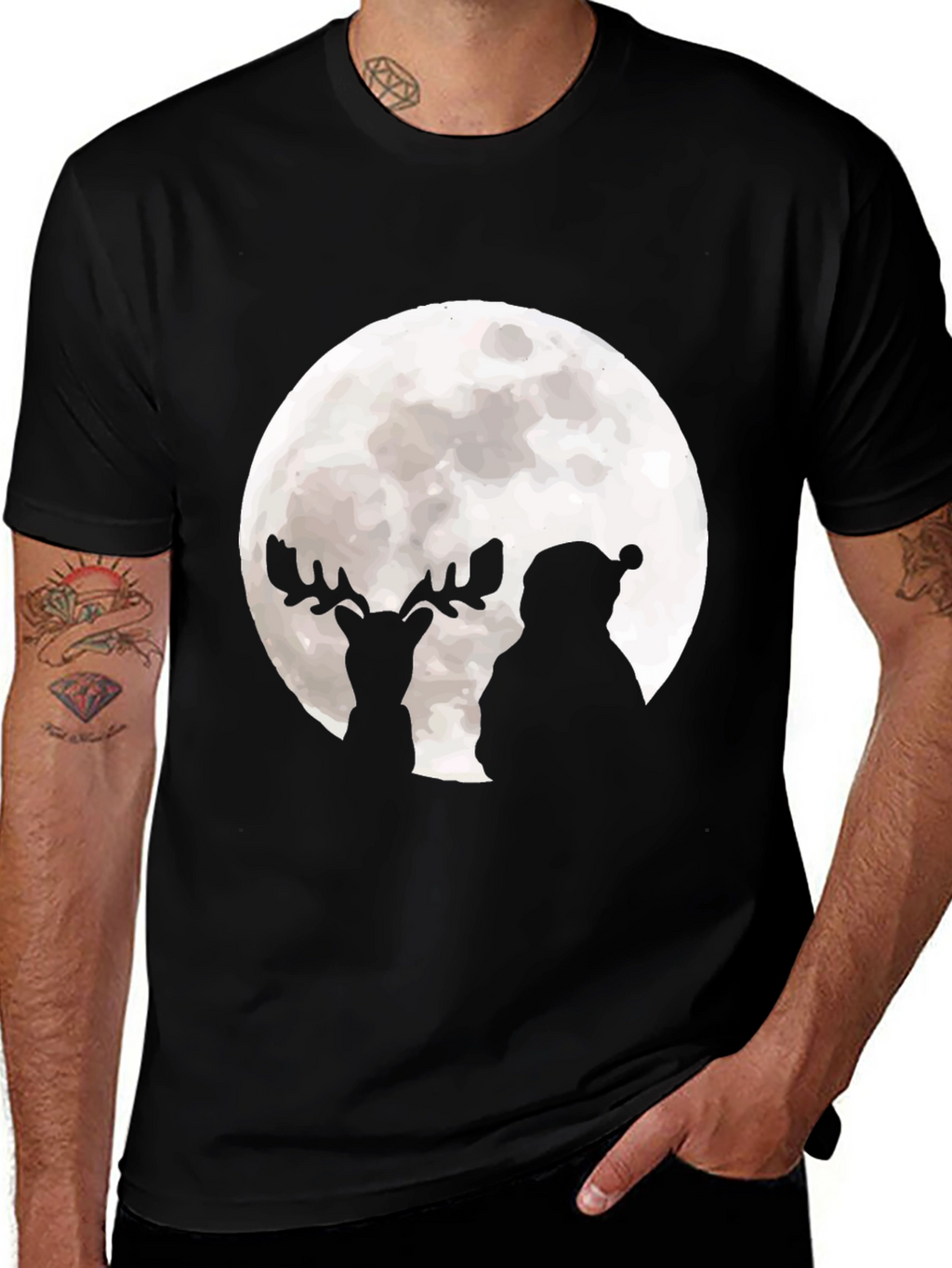 Santa & Reindeer Moon Graphic Black T-Shirt