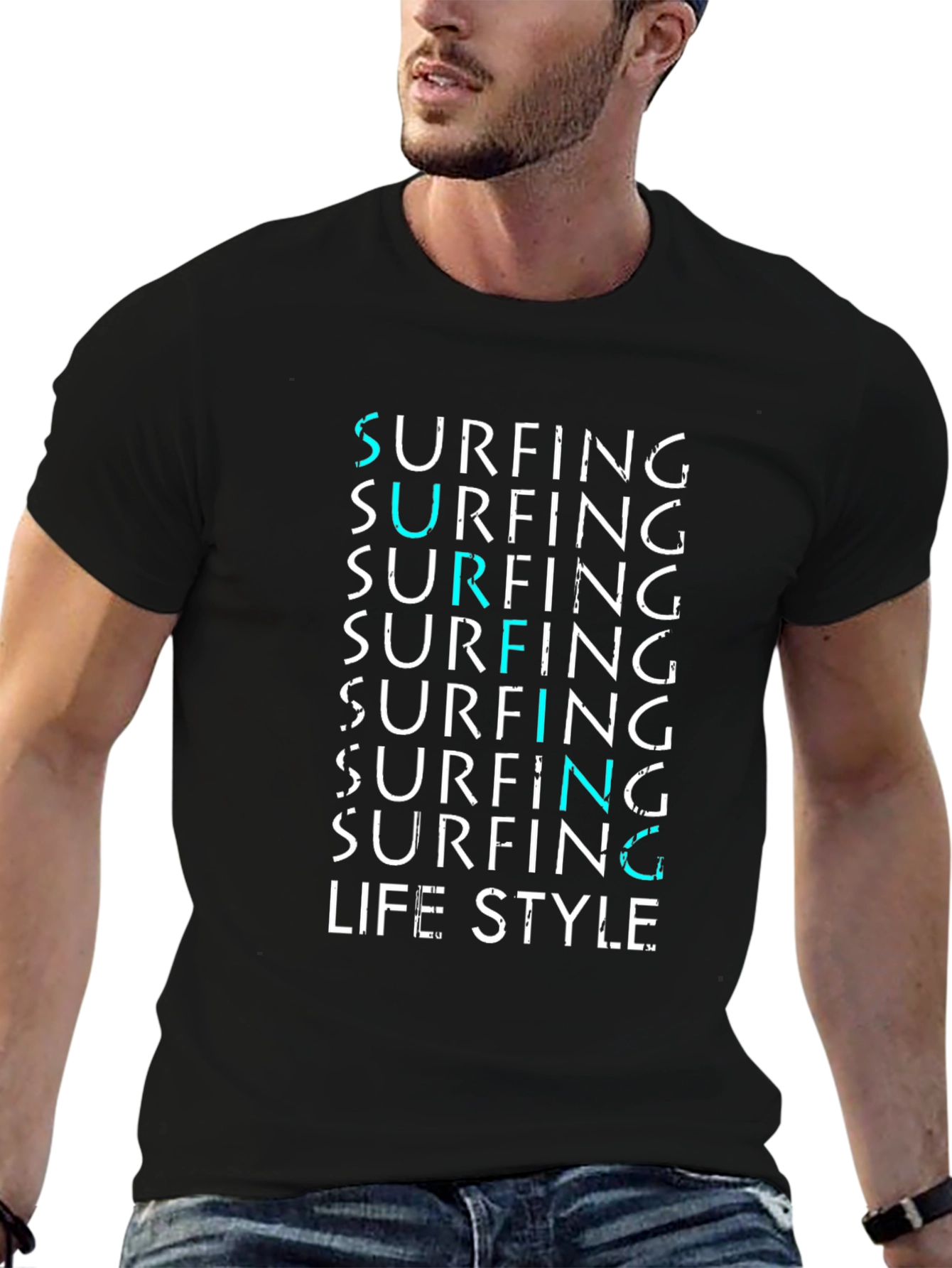 Surfing Lifestyle Graphic Tee - Black Cotton Blend