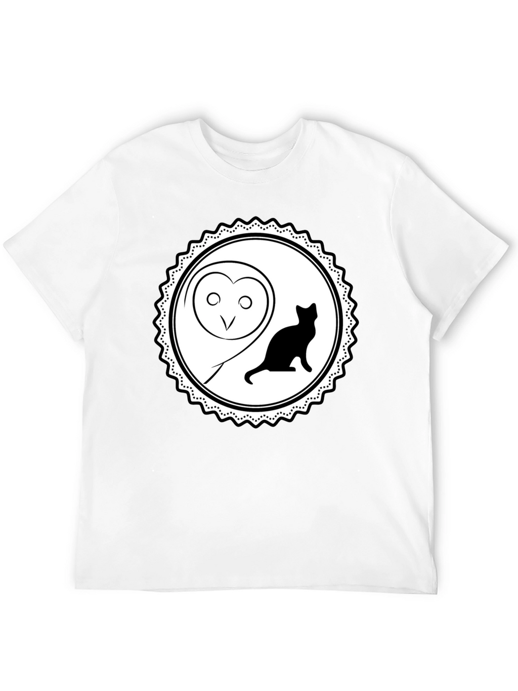 Owl and Cat Graphic Tee - Black Cotton
