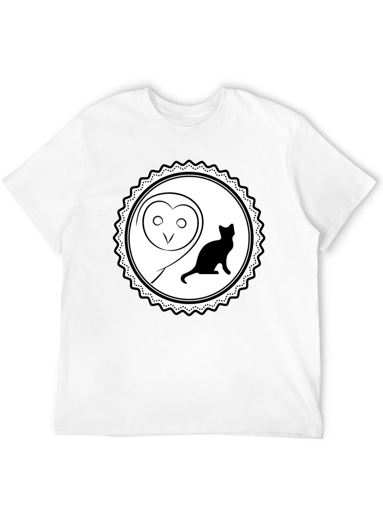 Owl and Cat Graphic Tee - Black Cotton