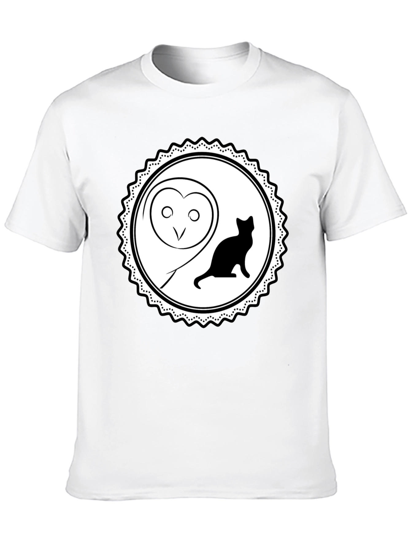 Owl and Cat Graphic Tee - Black Cotton