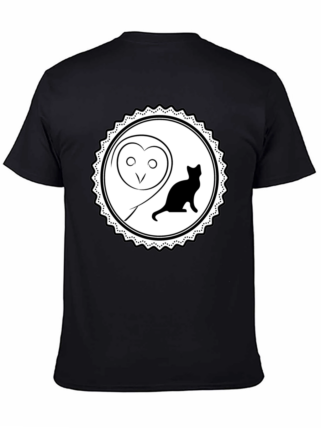 Owl and Cat Graphic Tee - Black Cotton
