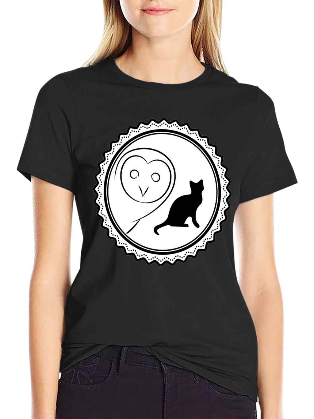 Owl and Cat Graphic Tee - Black Cotton