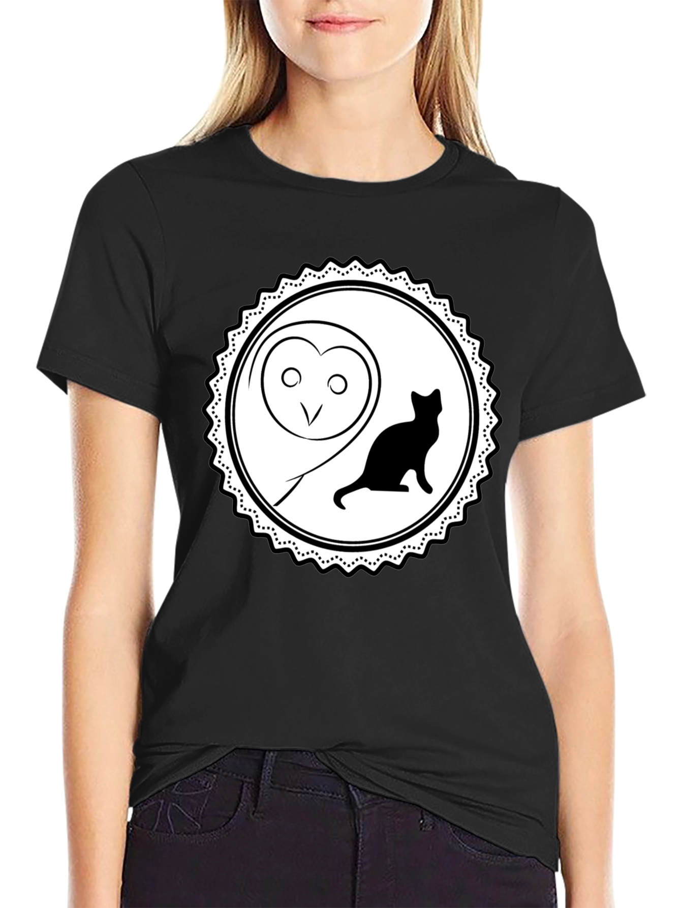 Owl and Cat Graphic Tee - Black Cotton