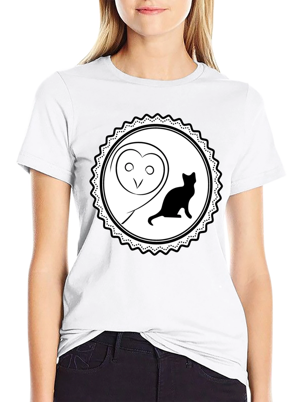 Owl and Cat Graphic Tee - Black Cotton