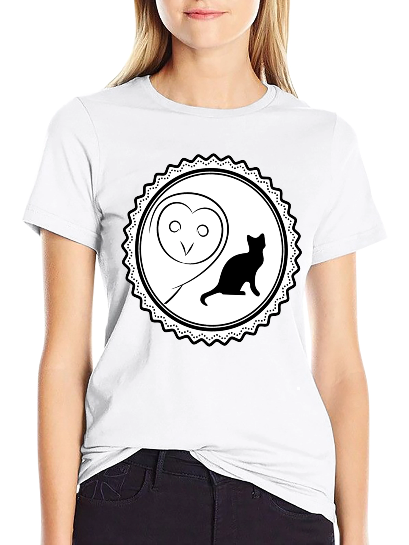 Owl and Cat Graphic Tee - Black Cotton