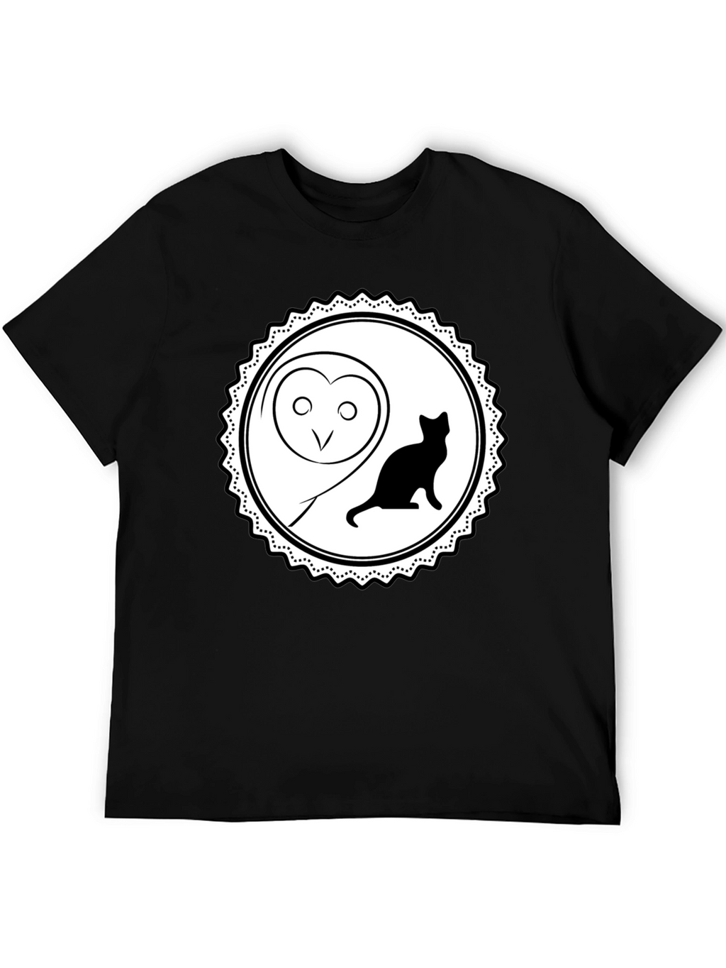 Owl and Cat Graphic Tee - Black Cotton