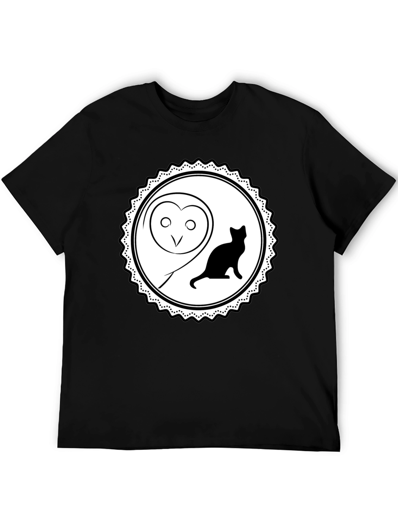 Owl and Cat Graphic Tee - Black Cotton