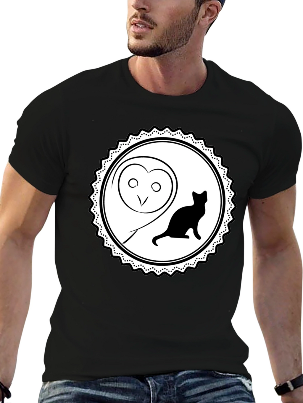 Owl and Cat Graphic Tee - Black Cotton