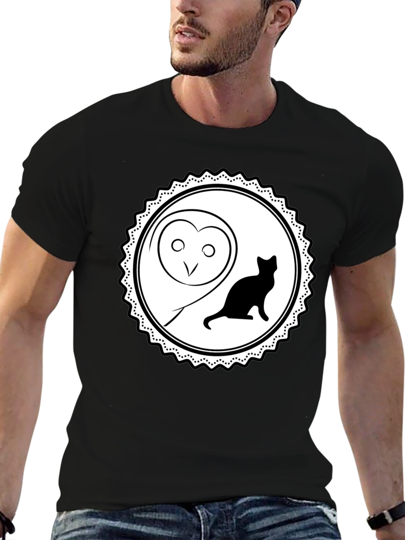 Owl and Cat Graphic Tee - Black Cotton