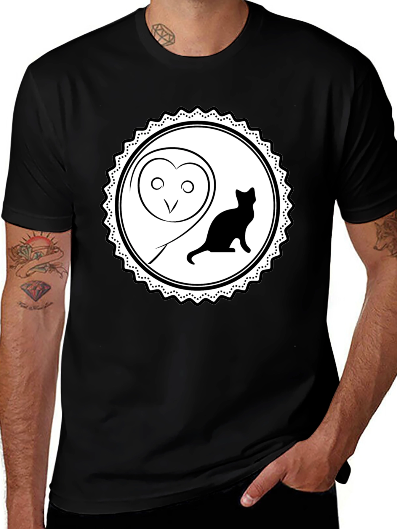 Owl and Cat Graphic Tee - Black Cotton