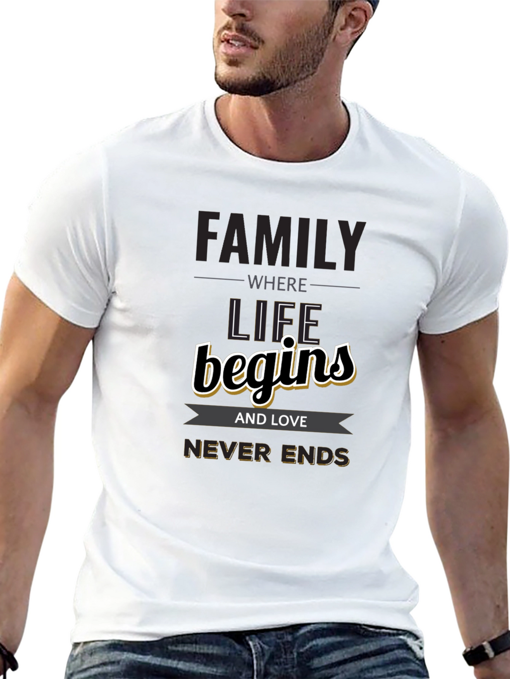 Family Begins T-Shirt - Love Never Ends