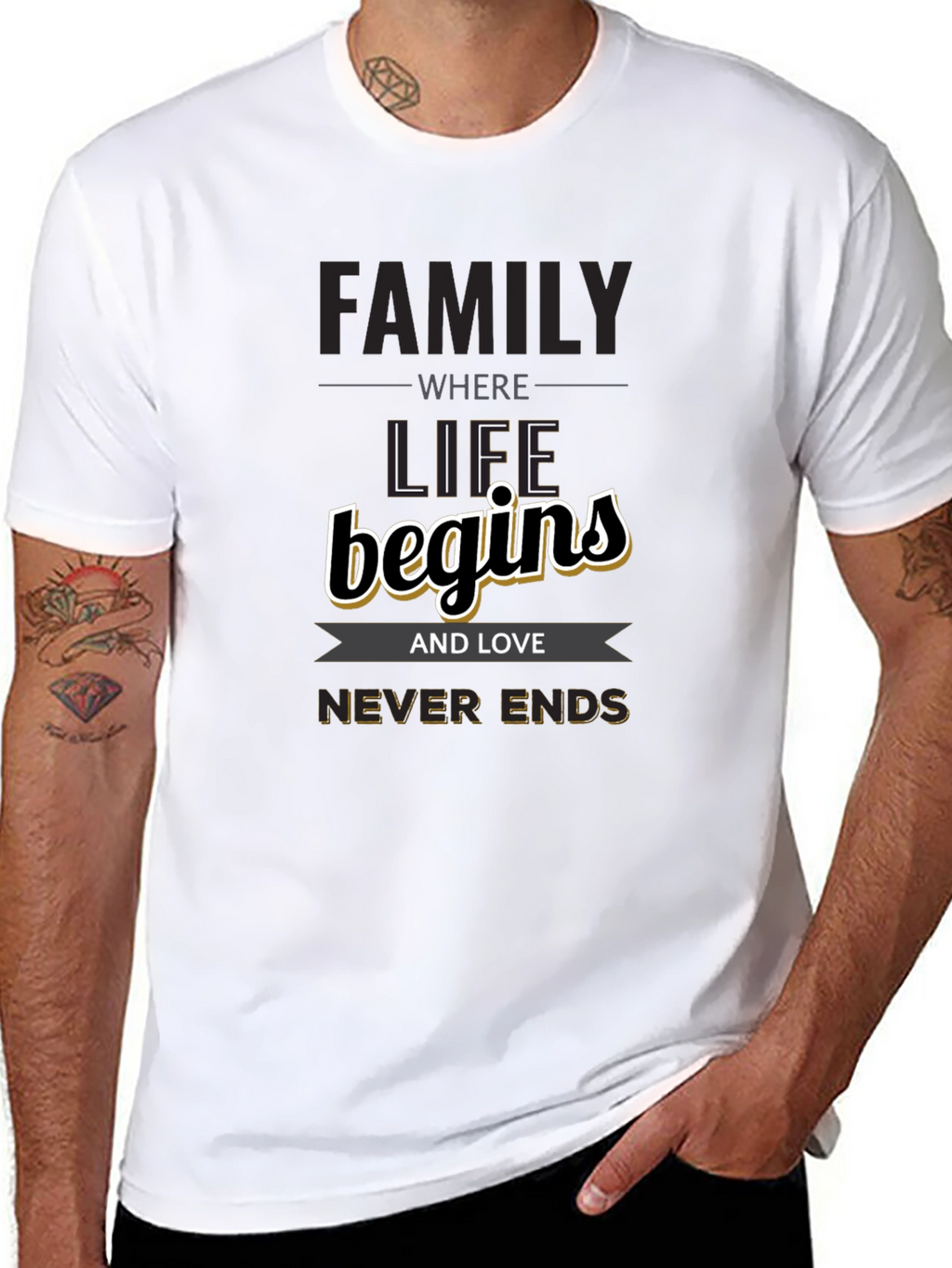 Family Begins T-Shirt - Love Never Ends