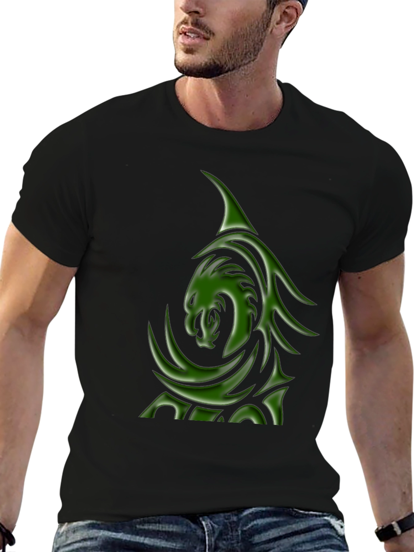 Mens Black T-Shirt with Green Dragon Graphic