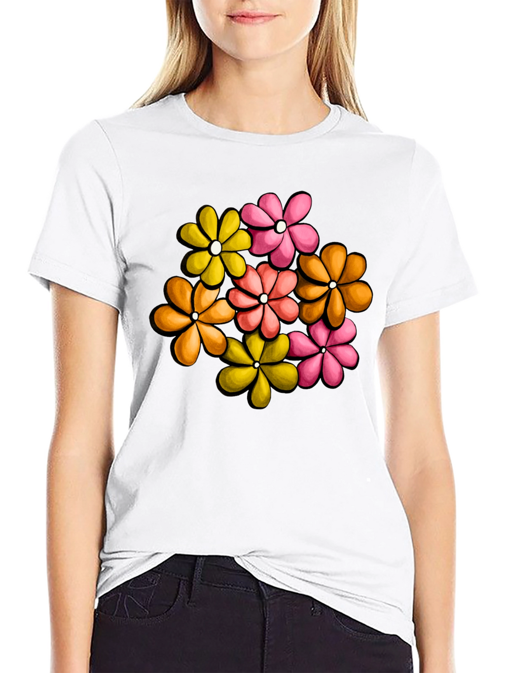 Retro Floral Graphic Tee - Black Cotton T-Shirt