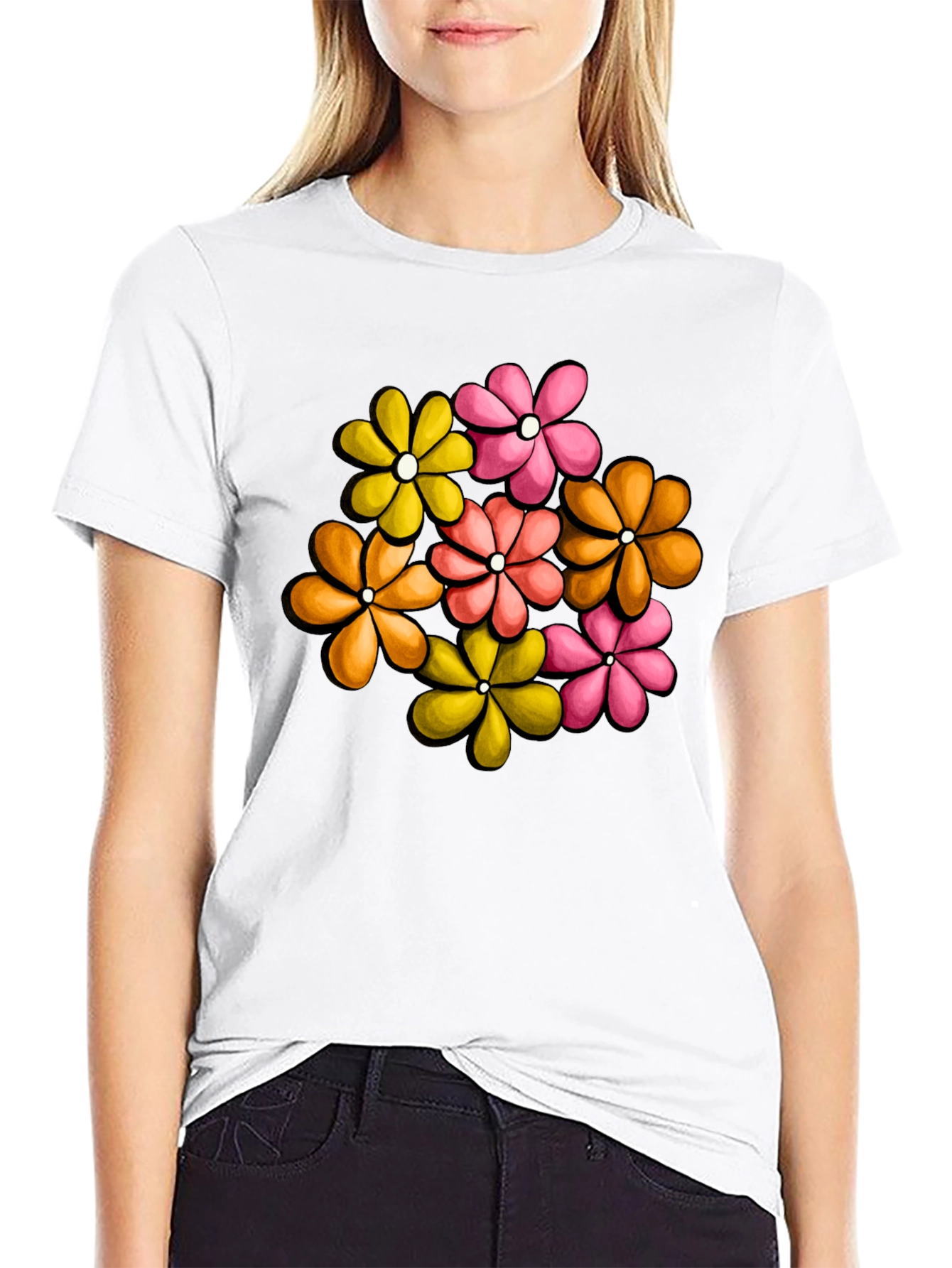 Retro Floral Graphic Tee - Black Cotton T-Shirt