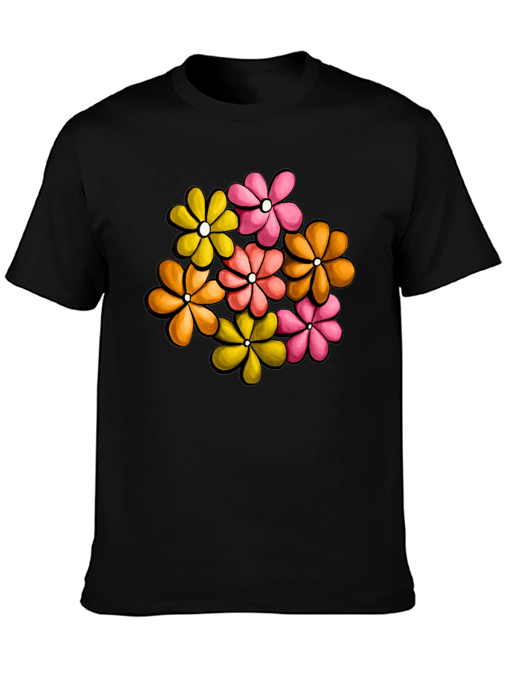 Retro Floral Graphic Tee - Black Cotton T-Shirt