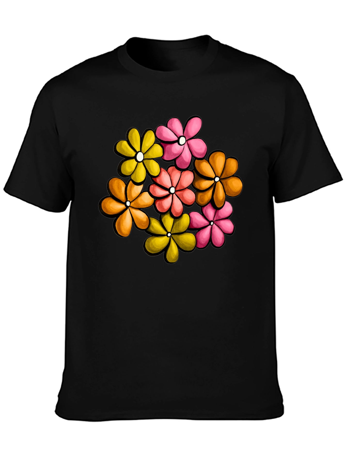 Retro Floral Graphic Tee - Black Cotton T-Shirt